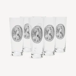 Glasses And Coasters<Fornasetti 6 Soda Glasses Set Cammei White/Black
