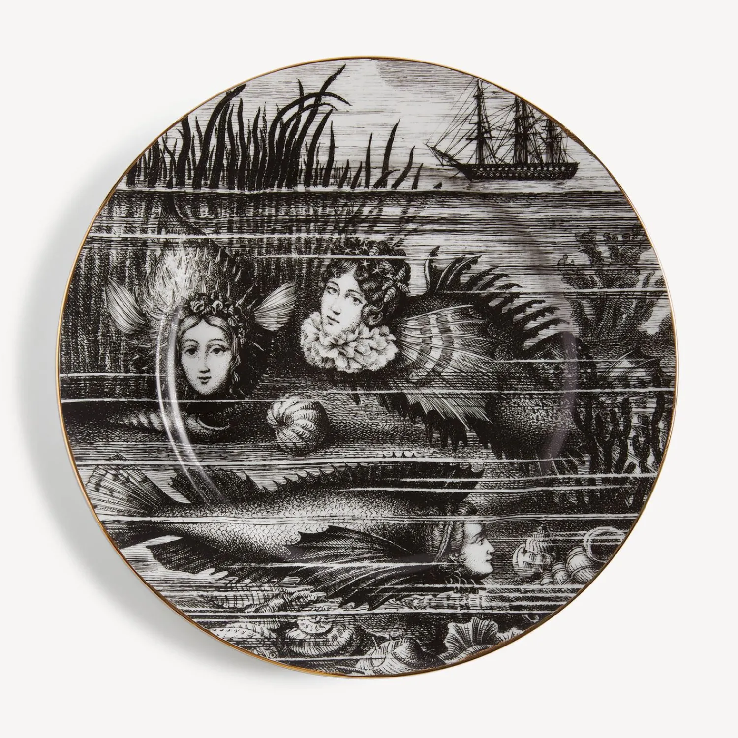 Decorative Plates<Fornasetti Rim Plate Sirene N.1 White/Black/Gold