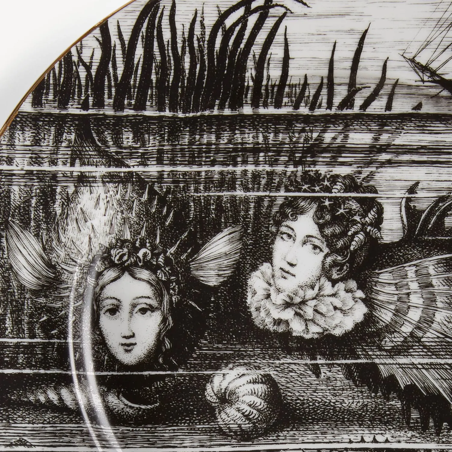 Decorative Plates<Fornasetti Rim Plate Sirene N.1 White/Black/Gold
