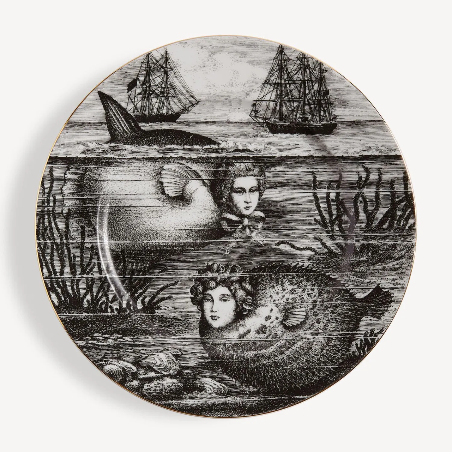 Decorative Plates<Fornasetti Rim Plate Sirene N.5 White/Black/Gold