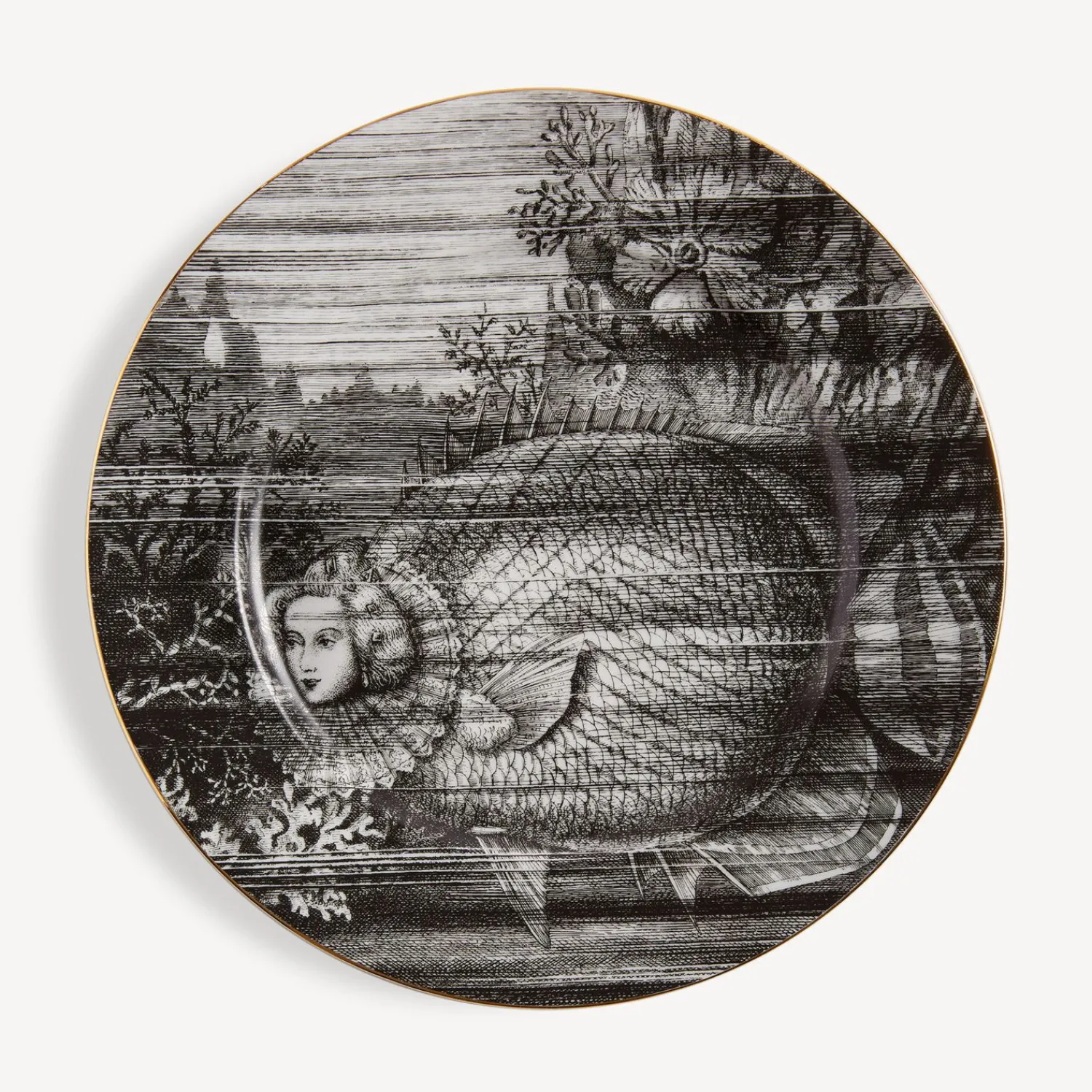 Decorative Plates<Fornasetti Rim Plate Sirene N.3 White/Black/Gold