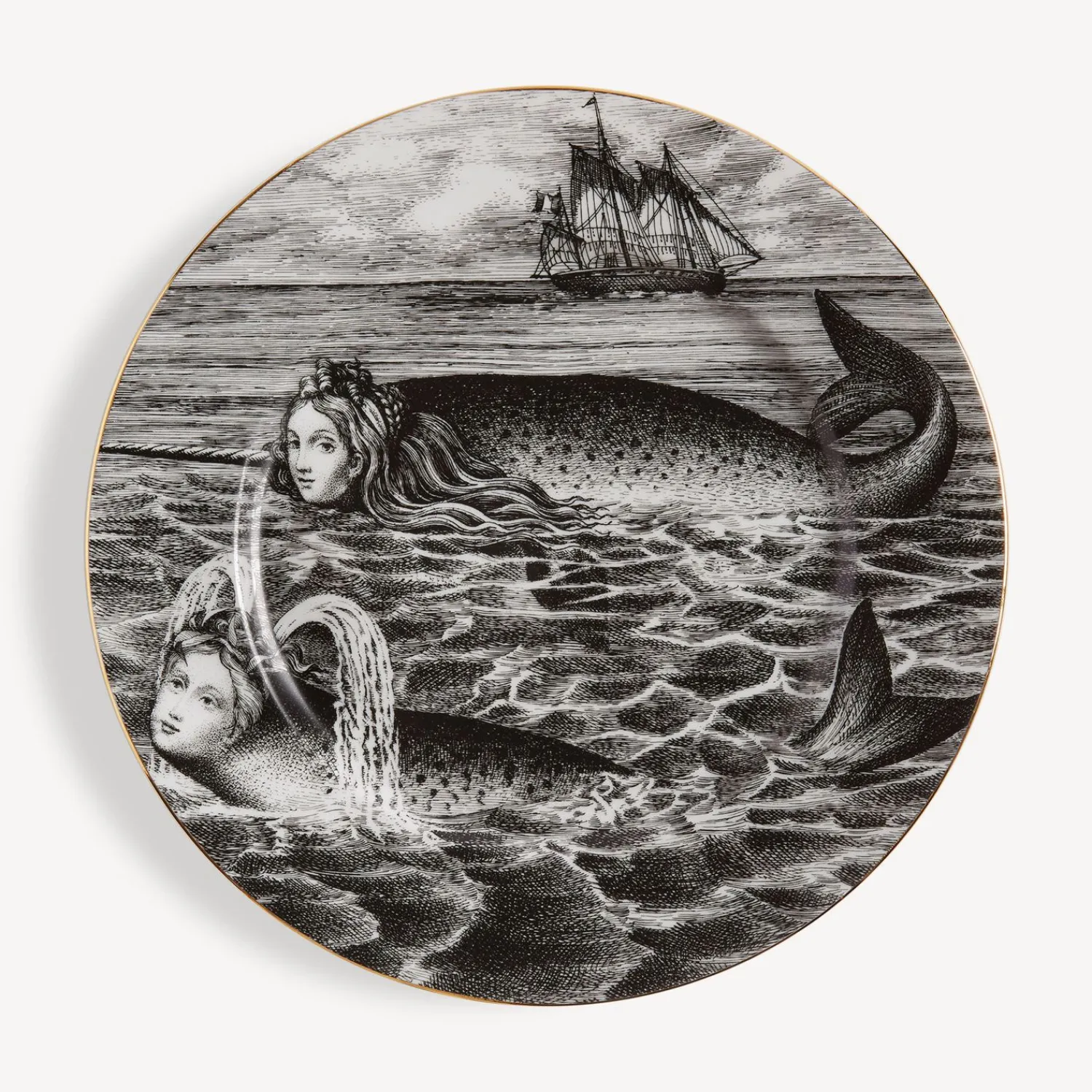 Decorative Plates<Fornasetti Rim Plate Sirene N.6 White/Black/Gold