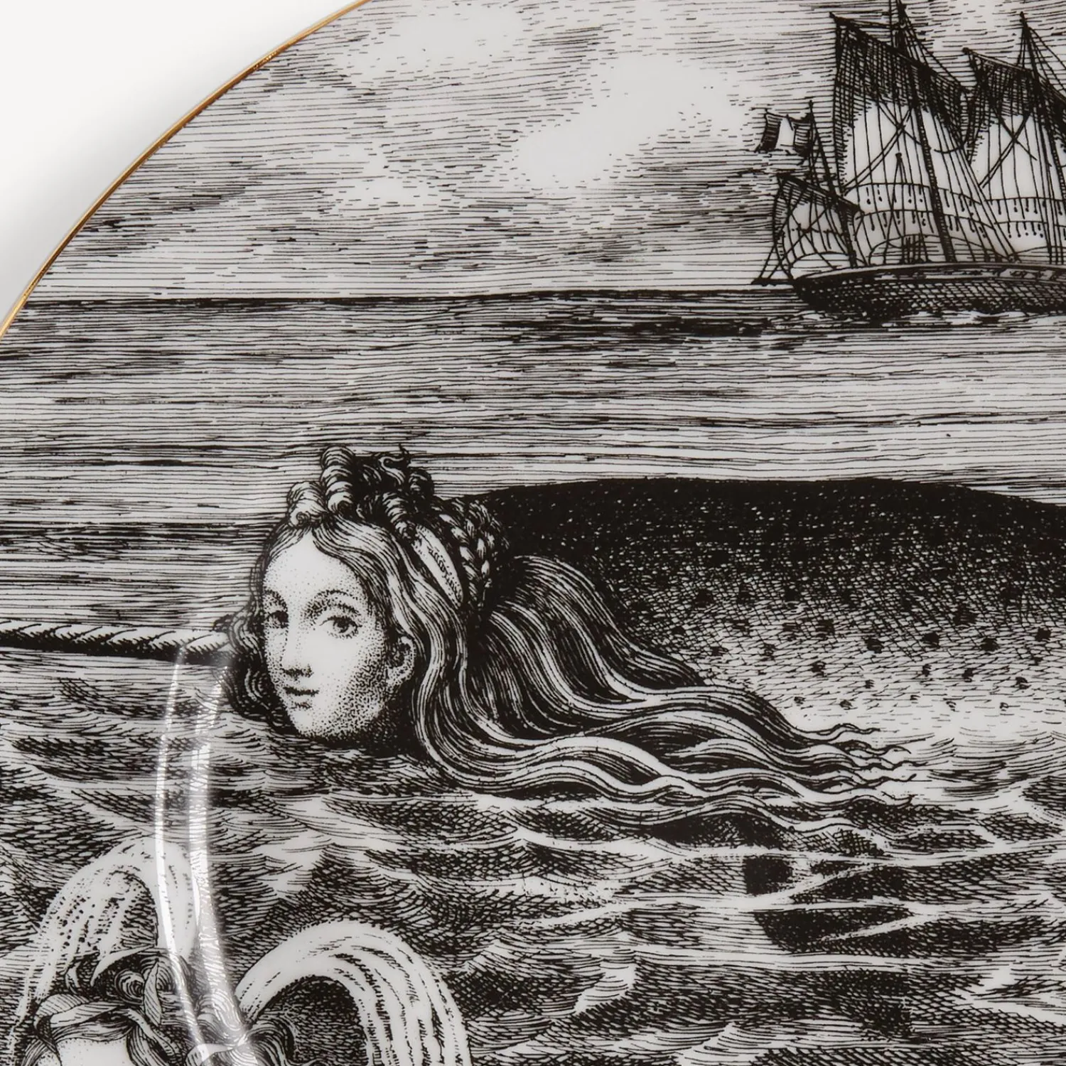 Decorative Plates<Fornasetti Rim Plate Sirene N.6 White/Black/Gold