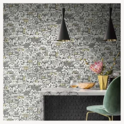 Wallpaper<Fornasetti Wallpaper Mediterranea White And Metallic