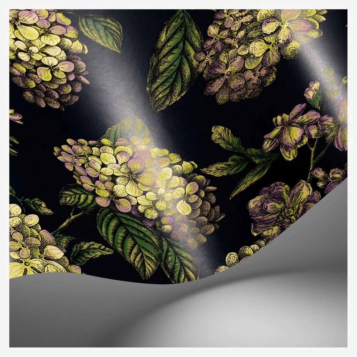 Wallpaper<Fornasetti Wallpaper Ramo Di Ortensia Lime And Purple On Ink